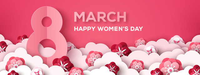 Wall Mural - Women's Day horizontal greeting card or banner with eight sign and paper cut clouds and flowers on pink background. Vector illustration. Place for your text.