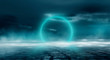 © MiaStendal - Futuristic landscape, abstract night landscape. Dark horizon Modern futuristic neon abstract background. Large object in the center, space background. Dark scene with neon light.