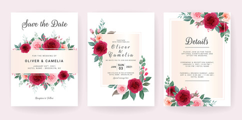 Wall Mural - Wedding invitation card template set with floral decoration concept. Rose flower arrangements for save the date, greeting, poster, cover, etc. Botanic illustration vector