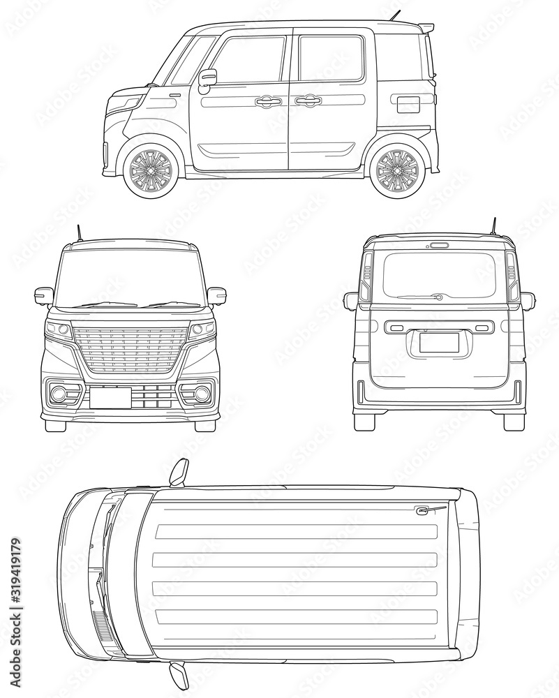 54 軽自動車 四面図 ワンボックス 外観_テクニカルイラスト Stock