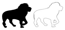 Black Silhouette Of A Lion With A Beautiful Mane And Tail On A White Isolated Vector Background.