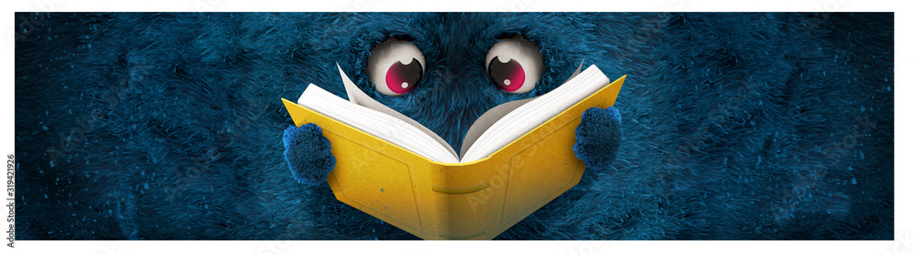 blue hairy monster reading a book - obrazy, fototapety, plakaty 