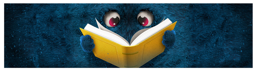 Wall Mural - blue hairy monster reading a book
