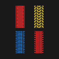 Sticker - Tire patterns RGB color icons set. Detailed automobile, motorcycle, bike tyre marks. Car summer and winter wheel trace. Vehicle tire trail. Isolated vector illustrations on black background