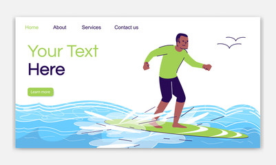 Wall Mural - Surfing man landing page vector template. Extreme water activity. Active pastime. Indonesia tourism website interface idea with flat illustrations. Homepage layout. Web banner, webpage cartoon concept