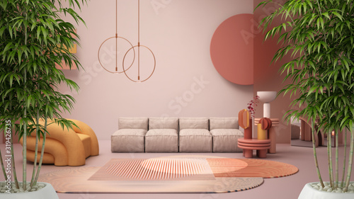 Zen interior with potted bamboo plant, natural interior design concept, colored contemporary living room, pastel colors, sofa, armchair, carpet, coffee tables, interior design idea