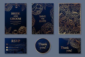 Set of luxury floral wedding invitation design or greeting card templates with golden peonies on a navy blue background.