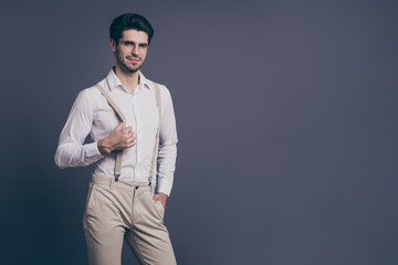 Wall Mural - Portrait of his he nice attractive professional imposing elegant luxurious brunette guy company owner agent broker posing isolated on grey pastel color background