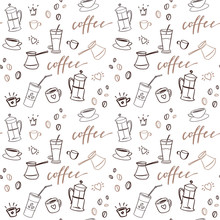 Decorative Vector Seamless Pattern With Illustration Of Cups, Coffee Beans And Handwritten Brush Lettering. 