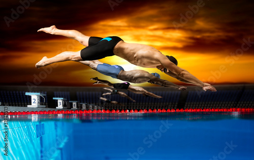 Plakaty pływanie  plywak-skaczacy-z-bloku-startowego-w-basenie-piec-zdjec-tego-samego-modelu