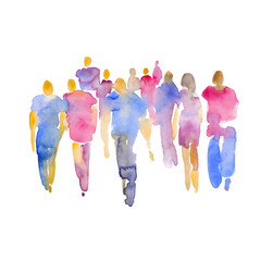 Vector spot with watercolors in the form of a group of people. Hand-drawn watercolor illustration: silhouettes of a group of people in full growth. Crowd