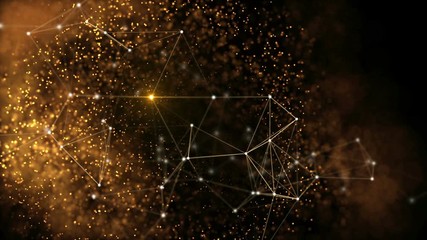 Poster - Elegant fantasy abstract technology, science and engineering motion background with golden particles and plexus lines in organic motion. Flickering light. Depth of field settings. 3d rendering.