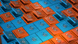 3d render an array of orange and blue safes. Grid structure. Perspective view.