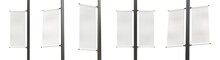 Set Of Different Angles Of Empty Lamp Post Banners Isolated On White Background. Standard Size Of Canvas. Realistic 3D Render.