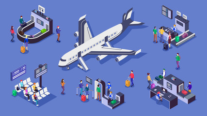 Canvas Print - People in airport isometric color vector illustrations set. Luggage belt, commercial airplane and security checkpoint 3d concept isolated on blue background. Baggage scanner and check in counter