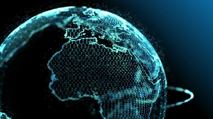 Poster - Blue earth technology, business and communications background loop. Animation of the Earth globe rotating with plexus particles around. Room for your text and logo.