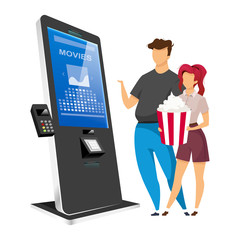 Fototapete - Couple buying cinema tickets flat color vector faceless characters. People near entertainment self order kiosk isolated cartoon illustration on white background. Sensor board with terminal