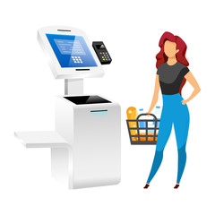 Poster - Woman with store terminal flat color vector faceless character. Supermarket payment system isolated cartoon illustration on white background. Self service technology. Contactless pay technology