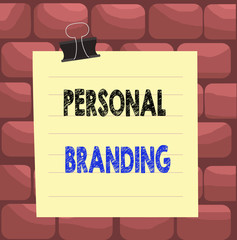 Poster - Handwriting text Personal Branding. Conceptual photo process of creating a recognizable professional name Paper lines binder clip cardboard blank square notebook color background