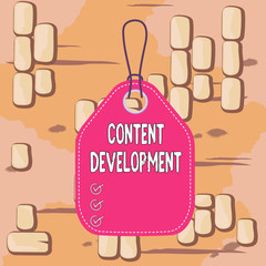 Fototapete - Word writing text Content Development. Business photo showcasing Authoring and originating content for any medium Empty tag blank space colorful background label rectangle attached string