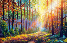Original Oil Painting Gorgeous Forest In Autumn, Scenic Landscape With Pleasant Warm Sunshine Fine Art