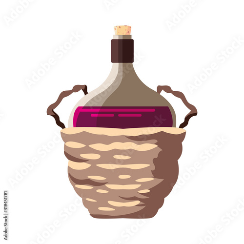 Cuadros en Lienzo bottle of wine in wicker basket on white background