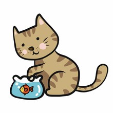 Tabby Cat Play With Fish In Fishbowl Cartoon Vector Illustration