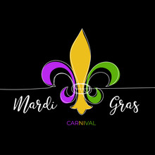 Mardi Gras Carnival Greeting Card With Traditional Symbol Of Mardi Gras - Fleur De Lis. Continuous Line Heraldic Lily With Color Petal On Black Background. Fat Tuesday New Orleans Mardigras Carnaval