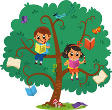Two Cute Children, A Boy And A  Girl Reading A Book On The Tree Of Books. Vector Illustration.