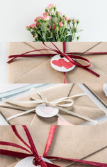 Poster - collage of ribbons and hearts on envelopes and blooming flowers isolated on white