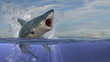 Aggressive great white shark is about to attack while half in air half in underwater 3d rendering
