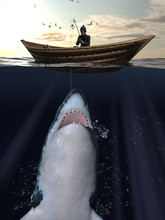 Fisherman In Small Boat Has A Surprise Coming Under 3d Rendering