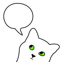 White Cat With Green Eyes Dreams, Looks Up. The Outline Of A Cat's Head. Bubble For Messages And Texts. Line Style. Vector Illustration.