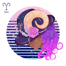 Zodiac. Vector Illustration Of The Astrological Sign Of Aries As A Beautiful Fashion African American Girl In Hat. Sign Inscribed In A Round Shape Isolated On White Background. Fashion Woman