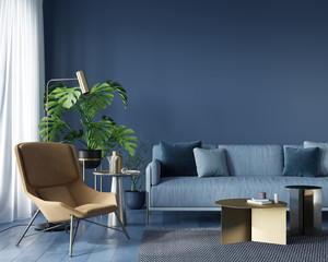 Wall Mural - Living room with blue sofa and yellow  armchair