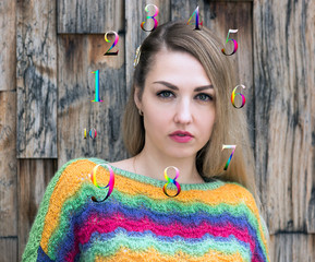 Wall Mural - portrait of a woman and rainbow numbers numerology
