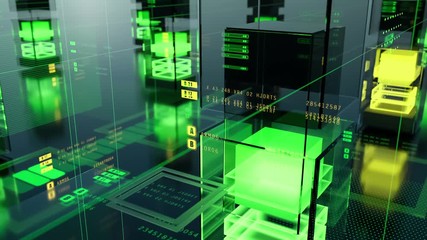Poster - Green abstract motion background with glass walls, light emitting cubes and animated digital elements. Business, finance, technology, science generic concept. Depth of field settings. 3D rendering.