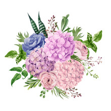 Lush Pink Hydrangea Bouquet, Top View, Hand Drawn