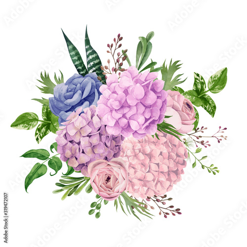 Photographie Lush pink hydrangea bouquet, top view, hand drawn
