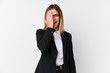 © Asier - Young business caucasian woman having fun covering half of face with palm.