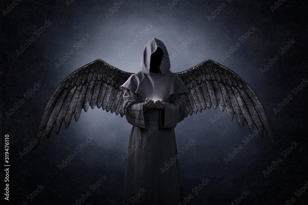 Angel of death with soul in hands in the dark - obrazy, fototapety, plakaty 