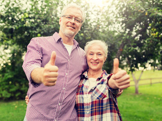 Canvas Print - farming, gardening, old age and people concept - happy senior couple hugging at summer garden