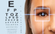 © Syda Productions - vision correction, optometry and people concept - close up of teenage girl face with laser ray over eye test chart background