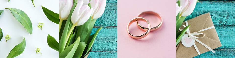 collage of green leaves, white tulips, golden wedding rings and envelope