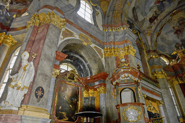 Church of St. Catherine of Alexandria in Prague. Church tower Catherine is visible from afar and looks like a thin minaret of a Muslim mosque. Frescoes inside the church.