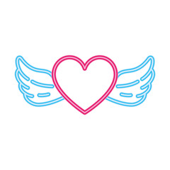 Sticker - heart with wings in neon light, valentines day