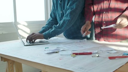 Poster - Web designer working laptop responsive design. Creative UI Ux designer teamwork meeting planning designing wireframe layout application development for smartphone screen mobile phone technology