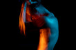 © Iryna&Maya - Man holding his head. Profile portrait of naked handsome man.  Blue and orange complementary colors. Creative long exposure photos series allegorical metaphorical emotion representation.