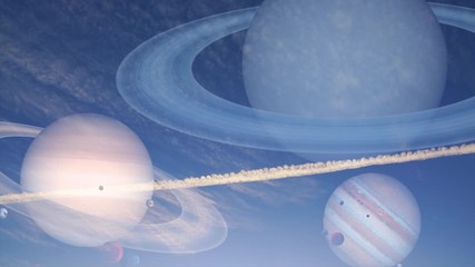 Wall Mural - fantastic animation, blue sky with puffy clouds and saturn, uranus and jupiter planet on sky.