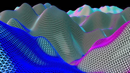 Poster - Data technology abstract futuristic cyan and magenta low poly shape glowing wire mesh surface on dark background. 3D rendering 3d illustration render